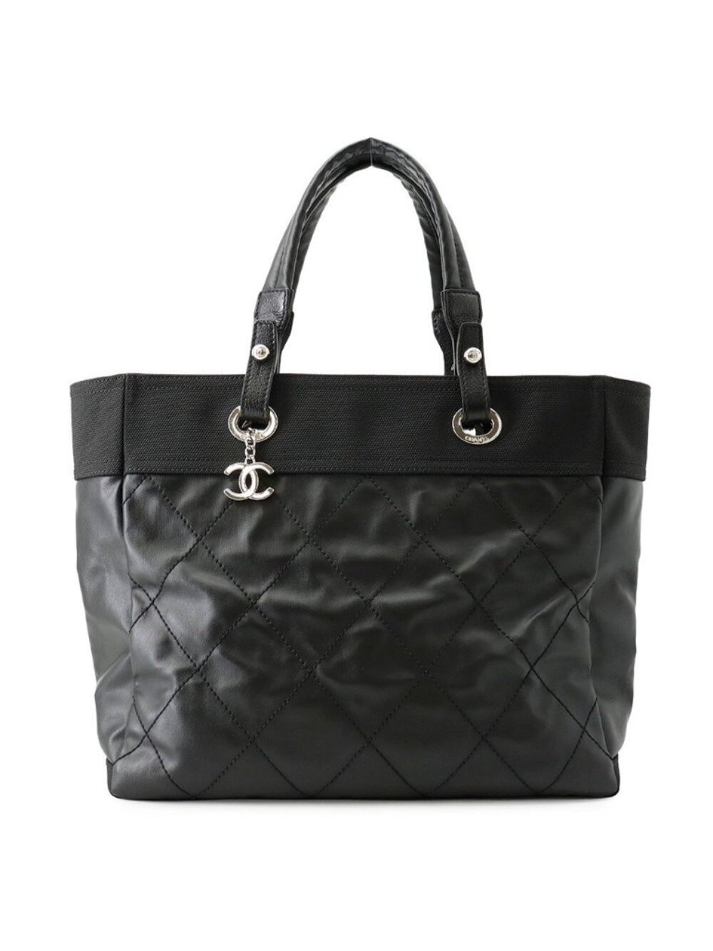 Chanel Tote Bag Quilted Paris Biarritz MM Coco Charm Black